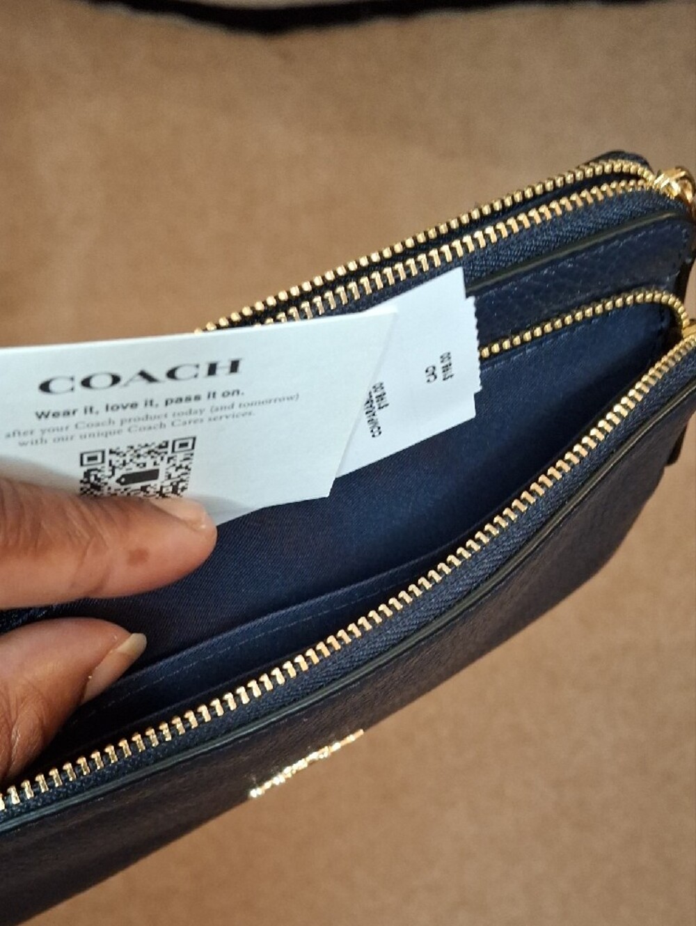 Coach Pebbled Leather Double Zip Wristlet in Navy with Gold Logo - Picture 5 of 5